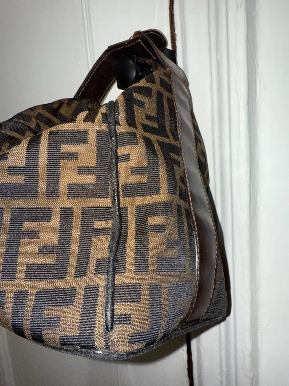 Authentic FENDI Zucca Canvas Top Handle Arm Vanity Bag Black Brown